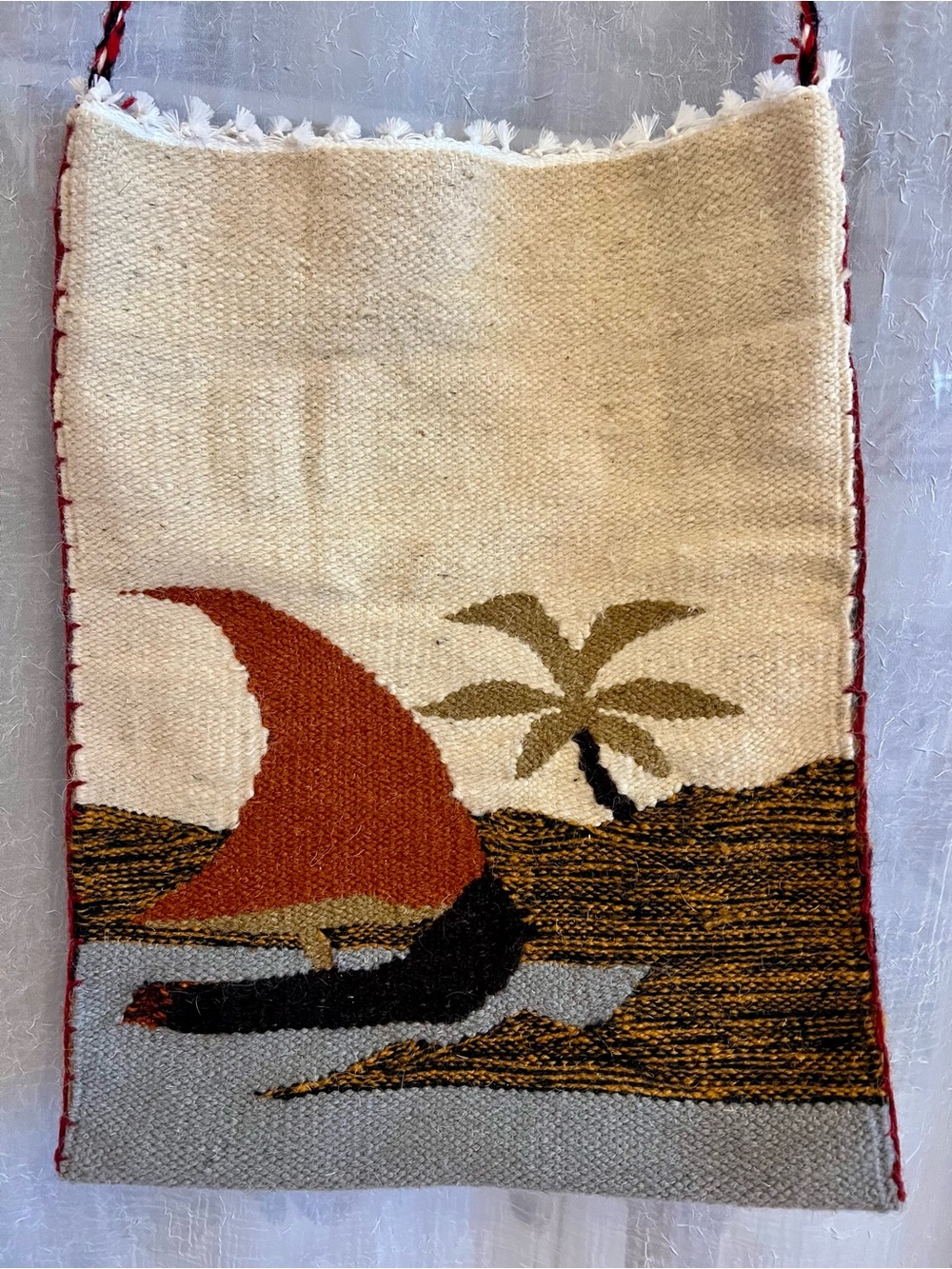 ⛵️Vintage Handwoven Wool Tapestry Crossbody Tote 1970s Palm Tree Sailboat